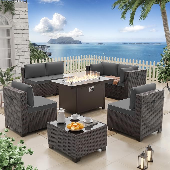 ALAULM 8 Pieces Patio Furniture Set with Aluminum Fire Pit Table Outdoor Furniture Sets 55000BTU Gas Fire Pit Brown PE Rattan Wicker Patio Conversation Sets w/6 Cushions-Grey