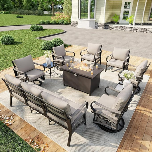 10 Pieces Outdoor Patio Conversation Sets, Outdoor Furniture Set Metal 3-Seater 4 Swivel Rockers with 2 Side Tables 2 Single Chairs with Fire Pit Table for Backyard Deck Porch Poolside, Beige