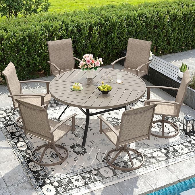 DIFY 7 Pieces Outdoor Dining Set, Metal Patio Table and Chairs Set for 6 with Umbrella Hole, 50" Grey Wood-Like Round Table and Sandshell Textilene Swivel Patio Chairs for Garden, Backyard, Poolside