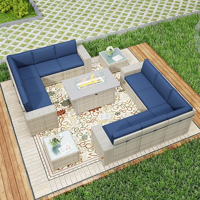 13 Piece Patio Furniture Set, 8" Wide Arm Sectional Sofa Set with 50000 BTU Propane Fire Pit Table & Coffee Table, Rattan Outdoor Conversation Set for Garden, Porch, Lawn, Blue