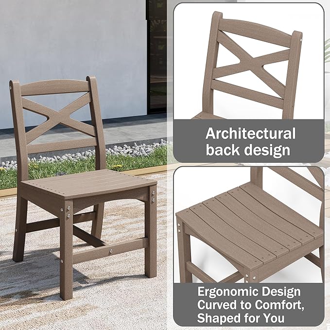 Outdoor Armless Dining Chairs Set of 8,HDPE Patio Chairs with Wide Seat,All-Weather HDPE Patio Armless Chairs for Porch, Backyard, Deck, White Brown, Table not Included