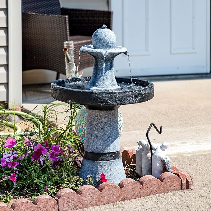 Sunnydaze 2-Tier Outdoor Water Fountain with LED Light and Electric Pump - Small Traditional Outdoor Water Feature - 29.5" H