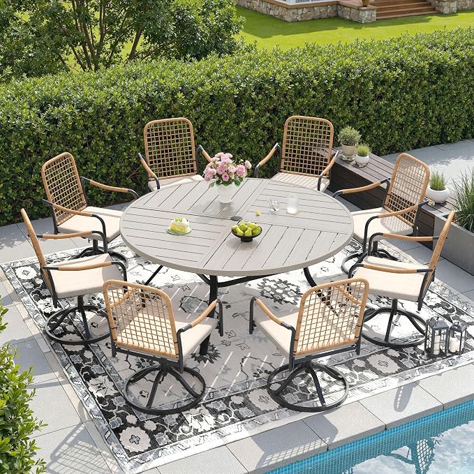 DIFY 9 Pieces Outdoor Dining Set, Metal Patio Table and Chairs Set for 8, 59.8" Round Dining Table with Umbrella Hole & Wicker Swivel Patio Chairs with Cushions, Grey Wood-Like Tabletop