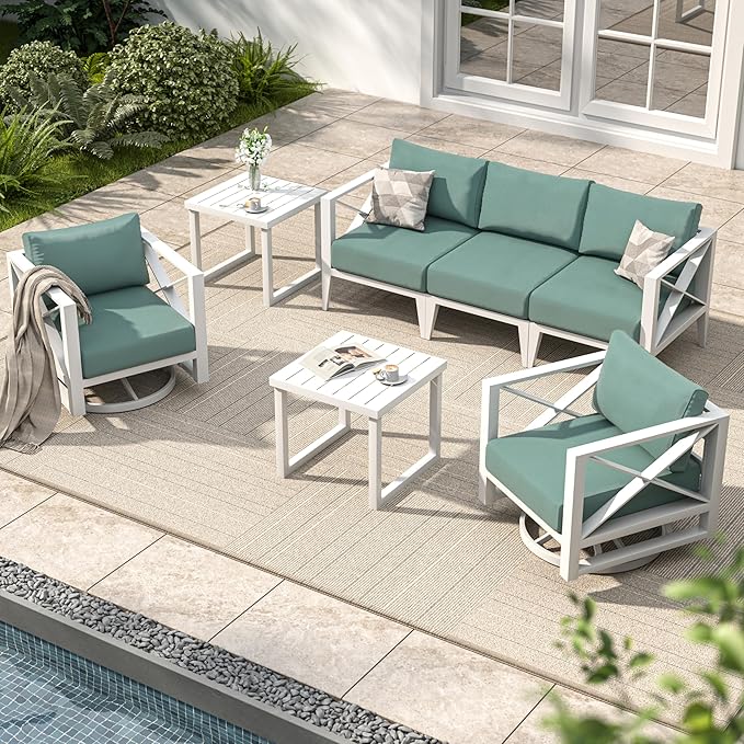 MBY Oversized Aluminum Patio Furniture Set, 7-Piece Outdoor Conversation Set with Swivel Rocking Chairs & Coffee Table, Modern Weather-Resistant Seating for Deck,Yard,Balcony,Poolside-White