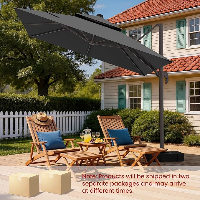 HASLE OUTFITTERS 10x10 FT Patio Cantilever Umbrella with Base, Outdoor Offset Large Rectangular Heavy Duty Double Top Umbrellas with 360° Rotation for Pool Garden Deck，Grey