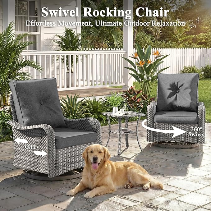 3 Piece Wicker Patio Furniture Set, Swivel Rocking Chairs with 4''Cushions, PE Rattan, Rust Resistant Frame, Double Layer Glass Side Table, for Backyard, Deck or Balcony, Black