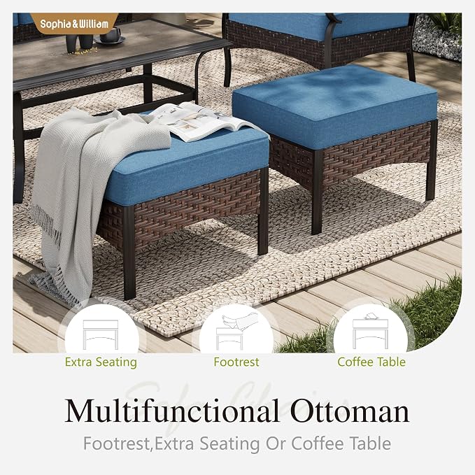 Sophia & William Patio Furniture Set with 56" Fire Pit Table, Metal Outdoor Conversation Set Patio Sectional with 3-Seater Sofas, 2 Fixed Chairs, 2 Ottomans, 1 Firepit Table for Porch Deck, Navy