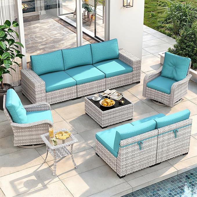 9 Piece Outdoor Wicker Rattan Sectional Sofa Set with Swivel Chairs, 7-Seats Conversation Set with 4" Thickened Cushions & Coffee Table, All-Weather PE Rattan for Garden, Backyard, Porch, Turquoise