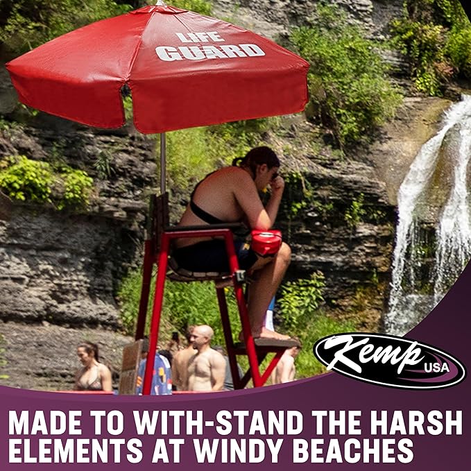 Kemp USA Heavy Duty Vinyl Lifeguard Umbrella - Great for Patio, Beach & Pool Umbrella with 45° Tilt Mechanism - Portable for Lifeguard Chair - with LIFE GUARD Logo