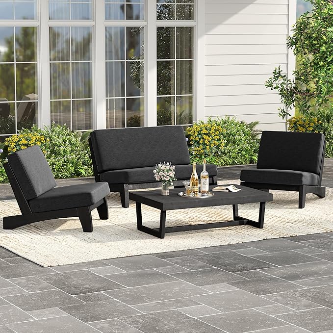 UIXE Black Wood Patio Furniture Sets, 4 Pieces All Weather Outdoor Sectional Futniture Patio Sofa Chair Backyard Conversation Set with Solid Wooden Coffee Table - Dark Gray
