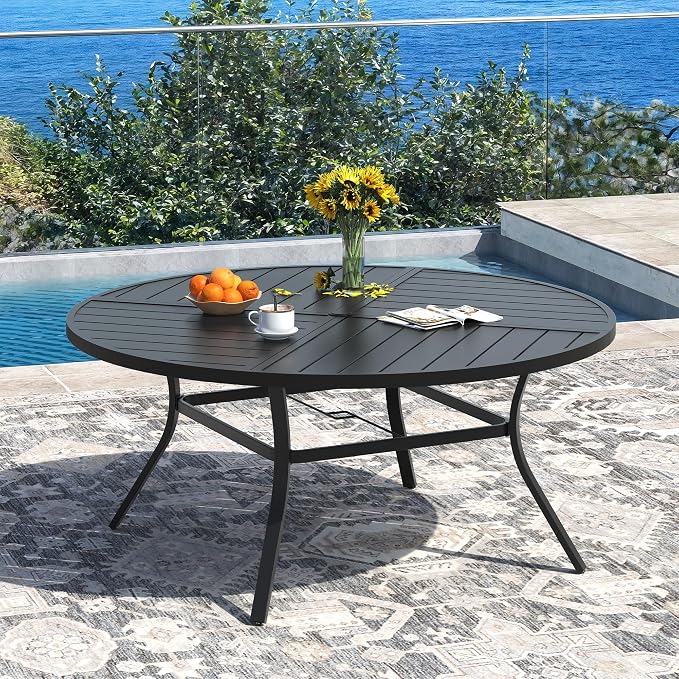 DIFY Patio Table and Chairs Set for 8, 9 Piece Outdoor Dining Set, 59.8" Black Round Metal Dining Table with Umbrella Hole and 8 Blue Textilene Swivel Patio Chairs, for Garden Backyard Deck