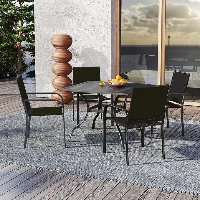 Anmutig 5 Piece Outdoor Table and Chairs Set, 4 Black Patio Chairs and 35 inch Square Table with Umbrella Hole