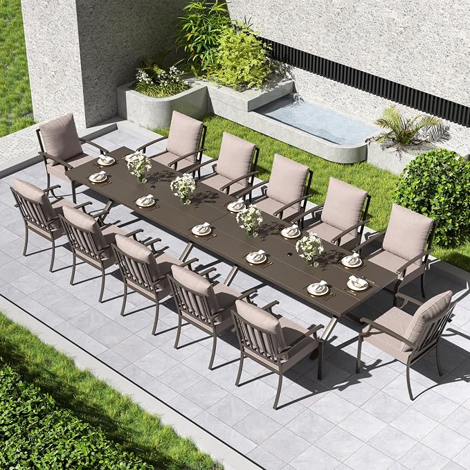 Kullavik 14 Pieces Outdoor Dining Set,Patio Dining Table and Chairs Set for 12,Fence Pattern Back Chairs with Thickened Cushions & Rectangular Metal Dining Table with Umbrella Hole for Patio,Sand