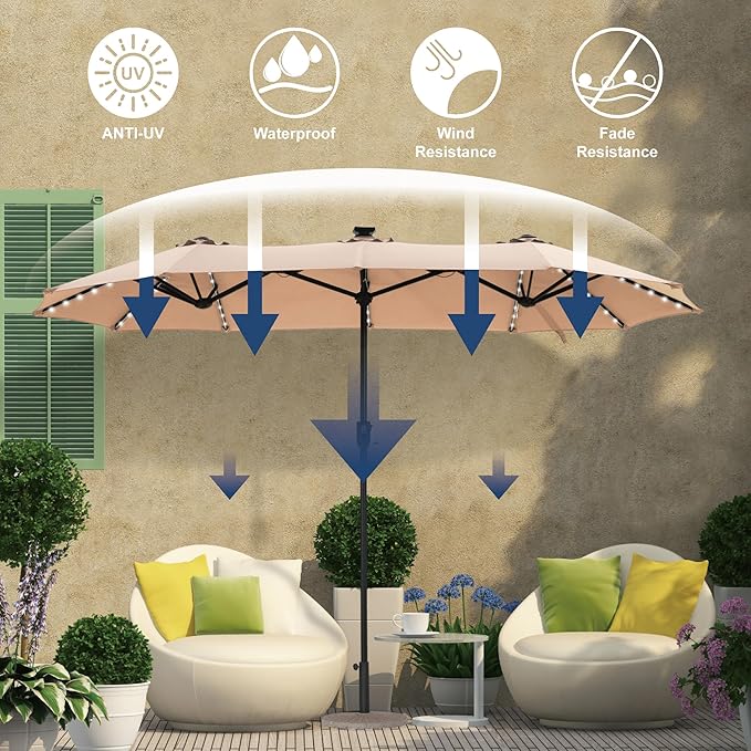 HERA'S PALACE 13ft Patio Umbrella with 120 LED Solar Lights Double Sided Outdoor Umbrella for Patio 8 Colors Changing Table Umbrella Outdoor Patio for Garden Pool