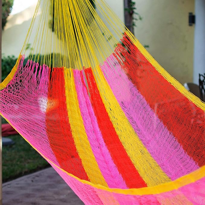 Novica Bright Yellow Pink Orange Tropical Striped Hand Woven Nylon Mayan 1 Person Rope Hammock with Hanging Accessories, Candy Delight' (Single)
