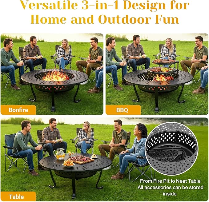 8 Pieces Outdoor Conversation Sets, Aluminum PatioCouch with Metal Fire Pit Table, All-Weather PatioCouch with 5" Thick Cushion, 43'' Firepit Outside Wood Burning with Adjustable 2 Grills, Light Gray