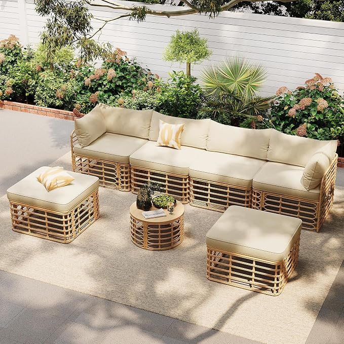 LUMISOL 7 Pieces Outdoor Furniture Set, All-Weather Rattan Sectional Sofa Set with Thick Cushions and Pillows, Freely Combined Conversation Sets for Garden, Backyard, Balcony, Brown