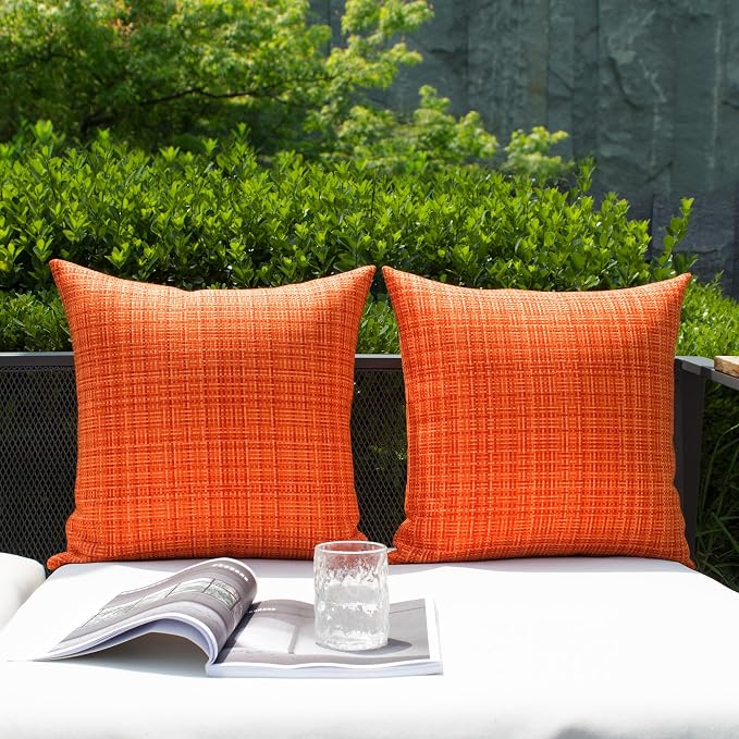 Kevin Textile Outdoor Waterproof 24x24 Inch Pillow Covers 2 Pack, Orange | Water Resistant, Faux Linen Yarn-dyed, Woven Texture Euro Throw Pillow Covers for Tent Patio Garden Couch Sofa