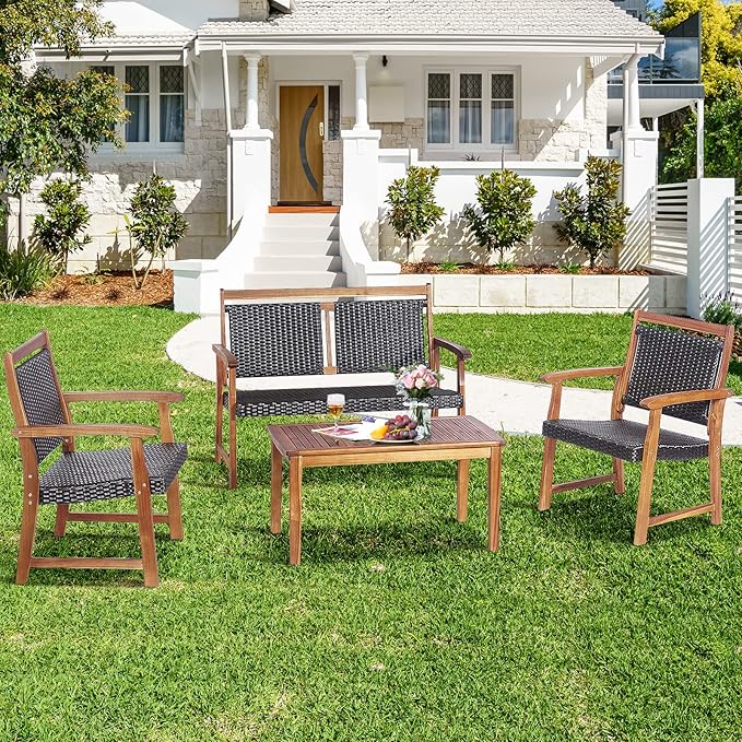Tangkula 4 Pieces Patio Rattan Conversation Set with Acacia Wood Frame, Patiojoy Outdoor Furniture Set with Chairs & Coffee Table, Sectional Furniture Set for Garden, Backyard, Poolside