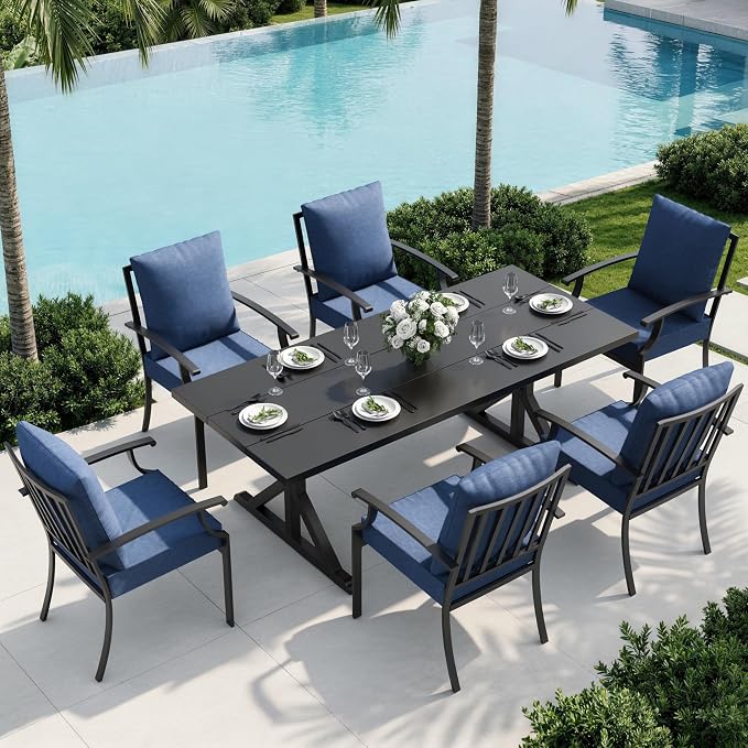 7 Piece Outdoor Dining Set for 6, Metal Patio Table and Chairs with Cushions, Patio Furniture Set with 6 Stackable Chairs, Rectangular Metal Dining Table with Umbrella Hole, Lawn Deck Yard-Navy