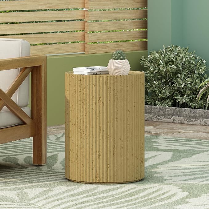 Lightweight Concrete Outdoor Side Table,Cylindrical Outdoor End Table, Wood-Like Texture Modern Small Accent Table for Patio Garden Balcony Porch Antique Brown 32.5" H