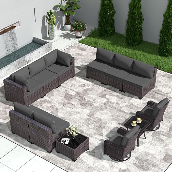 Patio Furniture Set 12 Pieces Outdoor Sectional Sofa Set,All Weather Wicker Patio Swivel Rocking Chairs Sofa PE Rattan Patio Conversation Set w/Cushions and Glass Coffee Table,Grey