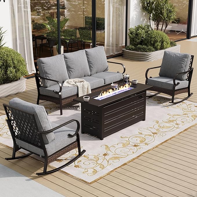 4 Piece Black Metal Outdoor Patio Furniture Sets with Firepit Table, Patio Conversation Sets 1 3-Seater Sofa, 2 Rocking Sofa with 5.75" Thick Cushion Backyard Furniture for Deck, Gray