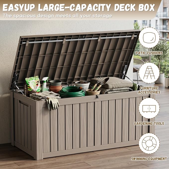 EasyUp 150 Gallon Deck Box Large Deck Box for Indoor and Outdoor,Waterproof Storage Boxs for Patio Furniture,Garden Tools,Cushions, Lockable and UV Resistant,Easy to Install(Grey)