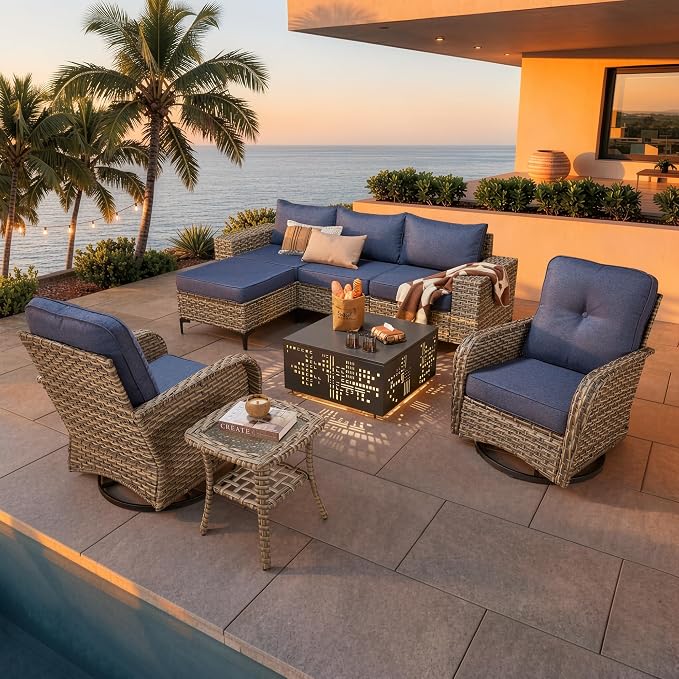 CAODOC 8-Piece Patio Furniture Set with L-Shape Sofa Chaise, Outdoor Sectional Couch Solar Table, Modern Modular Wicker Rattan Conversation Set