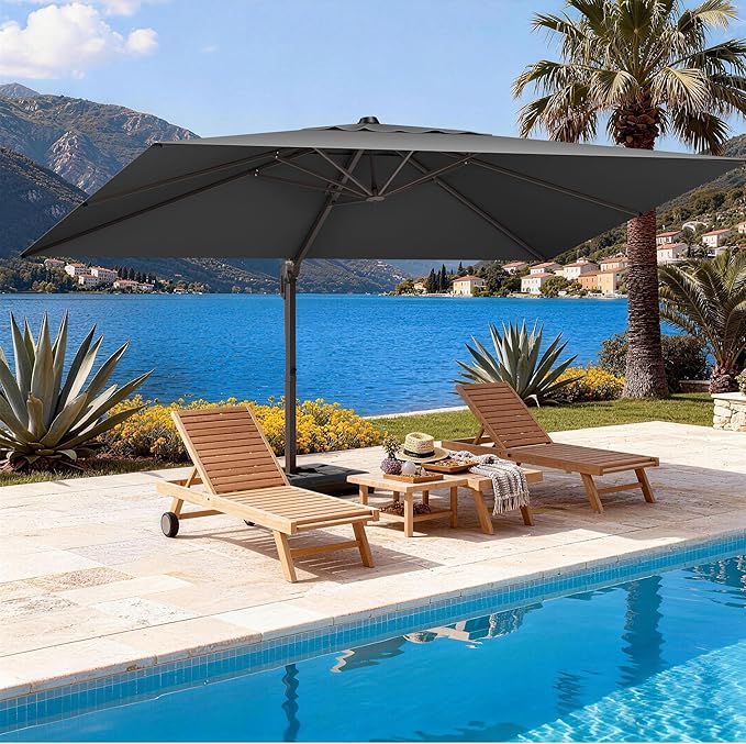 9' X 12' Cantilever Patio Umbrella Rectangle Outdoor Umbrella with Base Included, 6-Level Tilt & 360° Rotation Offset Umbrella for Garden, Deck, Pool (Grey)