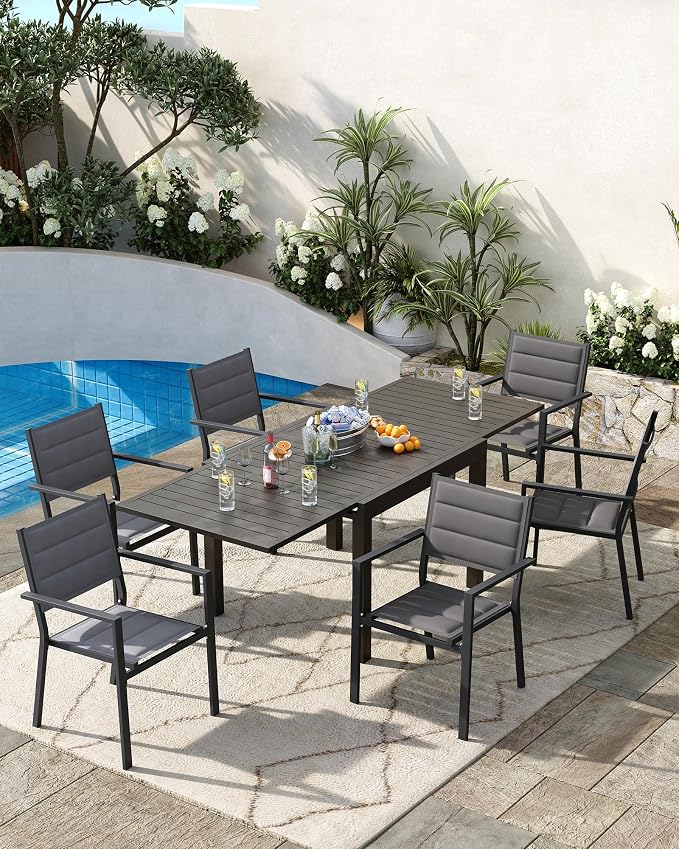 4 Piece Aluminum Patio Stackable Dining Chairs Set, Outdoor Metal Lightweight Stacking Dining Chair with Textilene Fabric, for Backyard Lawn Deck Poolside Porch Bistro, Dark Grey