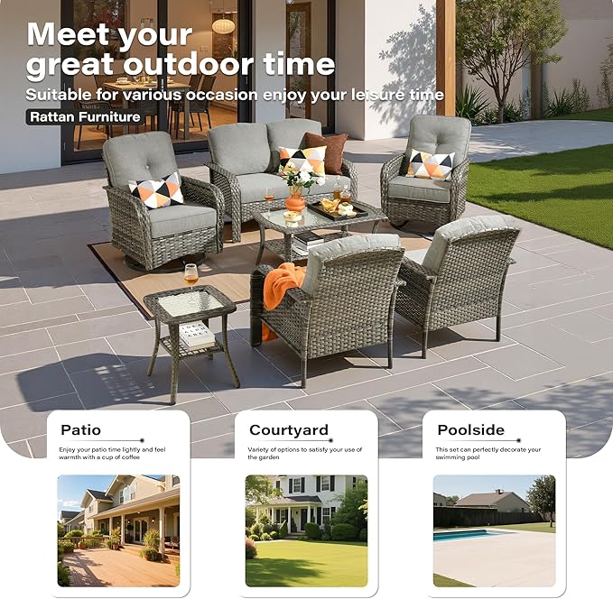 7 Pieces Patio Conversation Sets,Patio Furniture Set with Swivel Rocking Chairs,Coffee Table, Side Table, All Weather Rattan Wicker Outdoor Sectional Furniture Set for Porch Balcony Backyard Dark Gray
