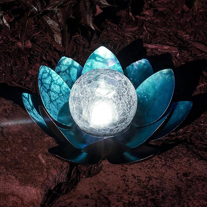MCSLOTUS-B Blue Lotus Flower Solar LED Garden Light with Crackled Glass Globe – Waterproof Metal Outdoor Décor