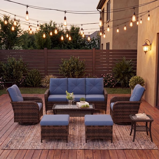 LazySunsets 9 Piece Outdoor Patio Furniture Set with Coffee Table, Wicker Rattan Outdoor Furniture with High Back Swivel Rocker Chairs, Outdoor Conversation Set with Thick Cushion & Ottoman, Navy Blue
