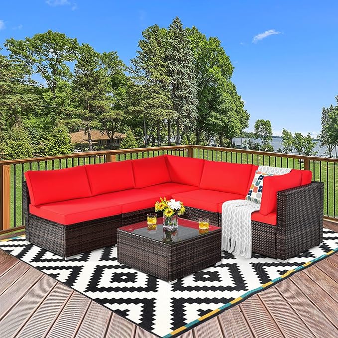 COSTWAY 6-Piece Outdoor Patio Furniture Set, Rattan Sectional Sofa Set with Tempered Glass Coffee Table and Cushions for Garden, Deck, Backyard (Red)