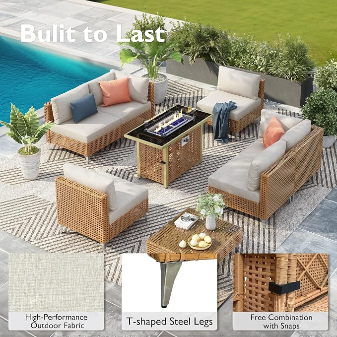7-piece Wicker Patio Furniture Set, Outdoor Conversation Set Sectional Sofa with Water Resistant Beige Thick Cushions and Coffee Table for Outdoor Couch, Porch, Backyard - Beige