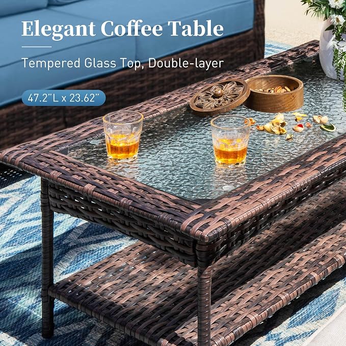 SUNSHINE VALLEY Patio Furniture Set with Swivel Chairs, High Back Wicker Rattan Furniture with 5.5" Thick Cushions and Coffee Table, Outdoor Conversation Set for Backyard Deck,5 Seats, Blue