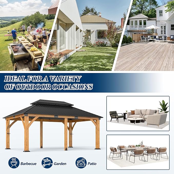 COVERONICS 12FT x 20FT Outdoor Spruce Wood Gazebo - Patio Wooden Frame Gazebo with Galvanized Steel Double Roof, Heavy-Duty Hardtop Gazebos for Garden, Poolside, Deck, Backyard