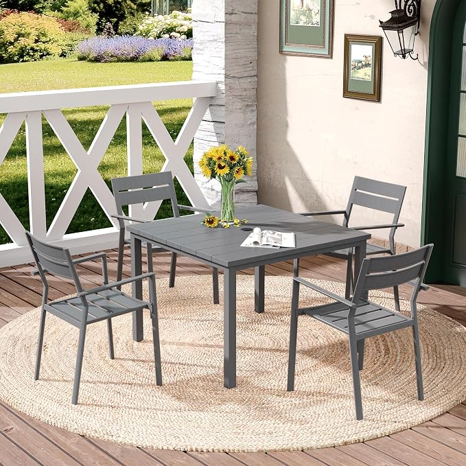 DIFY 5 Pieces Outdoor Patio Dining Set for 4, 40.2" Square Metal Dining Table and 4 Metal Stackable Dining Chairs, Outdoor Table and Chairs for Lawn Garden Poolside, Grey