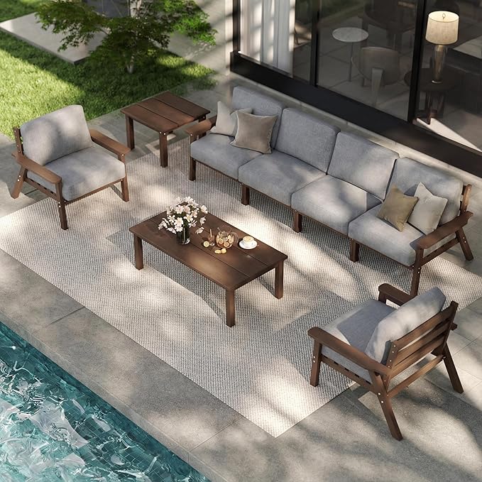 7 Piece Patio Furniture Set, HDPE Outdoor Sectional with Gray Washable Thick Cushions, Coffee Table & Side Table, Patio Conversation Sets for Lawn, Garden, Porch, Balcony (Brown Frame)