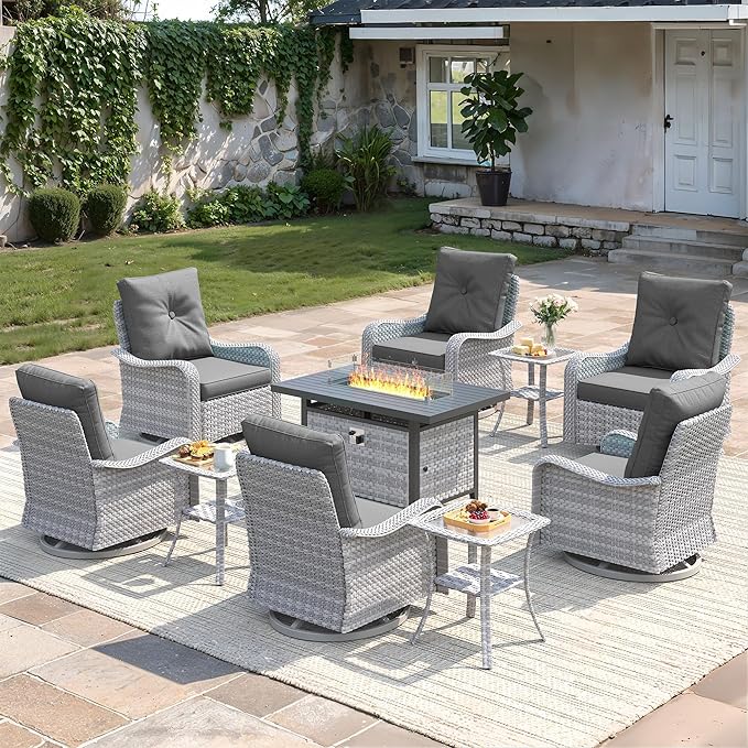 10-Piece Outdoor Conversation Set with 43" Fire Pit Table, 6 Swivel Rocking Chairs (4" Cushions) & 3 Side Tables, All-Weather PE Rattan & Steel Frame for Porch, Deck, Backyard, Black