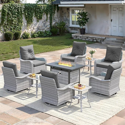 10-Piece Outdoor Conversation Set with 43" Fire Pit Table, 6 Swivel Rocking Chairs (4" Cushions) & 3 Side Tables, All-Weather PE Rattan & Steel Frame for Porch, Deck, Backyard, Black
