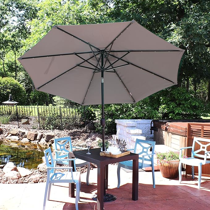 Sunnydaze 9 ft Outdoor Patio Umbrella with Solar Lights - Polyester LED Table Market Umbrella with Push-Button Tilt and Crank - Gray