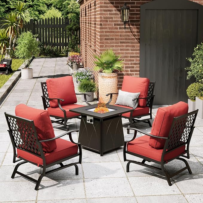MIXPATIO Patio Furniture Set with Fire Pit Table, 5 Pcs Metal Outdoor Conversation Set, 4 Rocking Chairs with 5.75" Extra Thick Cushion and 28" Fire Pit Table for Backyard Deck, Red