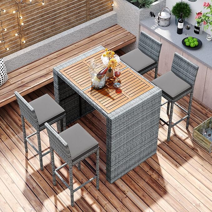VilroCaz 5-Pieces Outdoor Patio Rattan Counter Height Dining Set, All-Weather Wicker Bar Table Set Conversation Set, Acacia Wood Table Top, Bar Height Chairs with Removable Cushion