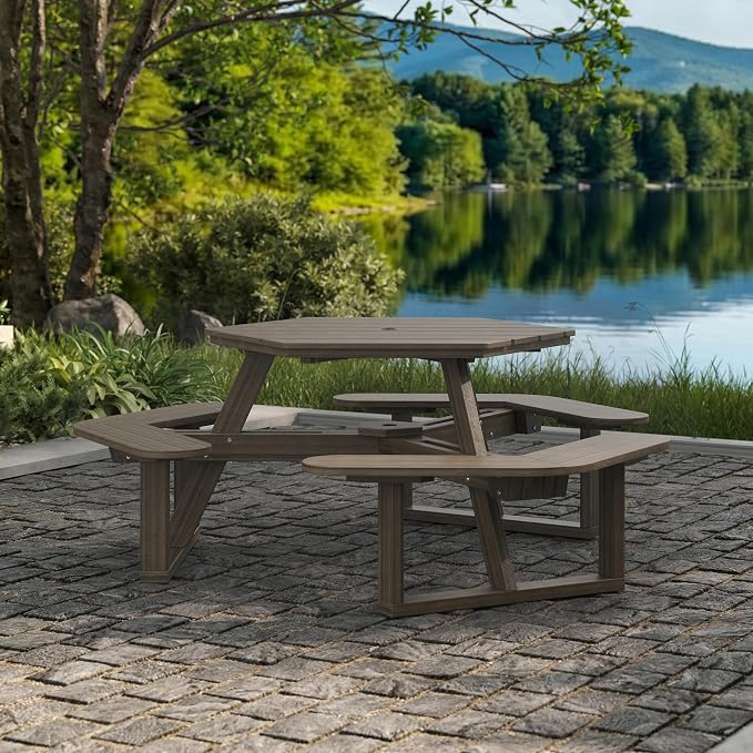 Shoreline Made in USA Hexagon Picnic Table, Seating for 6, Weathered Driftwood