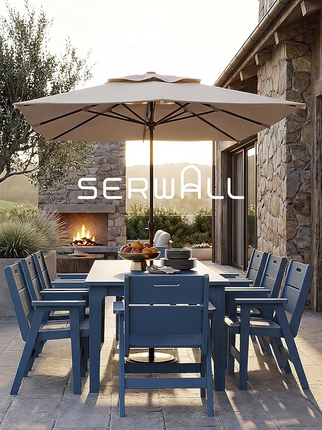 SERWALL 9 Piece HDPE Patio Dining Set, Outdoor Dining Table with 8 Chairs, All Weather Resistant Heavy Duty Outdoor Furniture with Umbrella Hole for Garden Backyard Deck, Blue