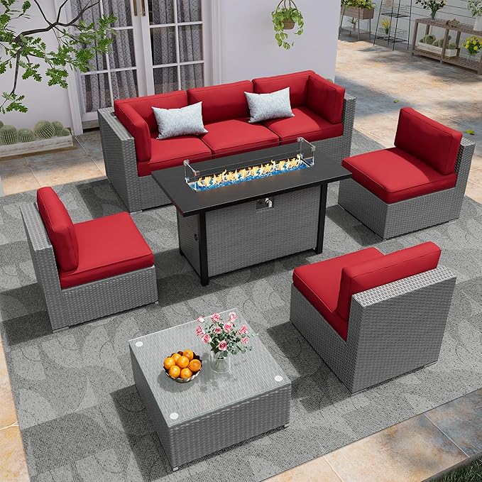 8 Pieces Outdoor Patio Furniture Set with 45” Propane Gas Firepit Table, Grey Wicker Patio Sectional Sofa Set, Outdoor Couch with Cushion and Tempered Glass Table, Red