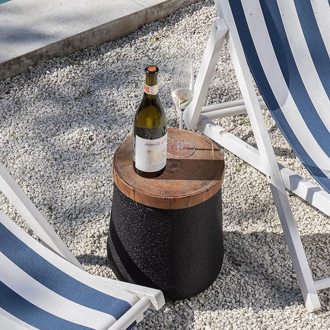 COSIEST Outdoor Side Table Set of 2, 2 Pieces End Table, Cylinder Shaped Patio Side Table, Black Outdoor Concrete Accent Table Stool with Faux-Wood Tree Trunk Slice Top for Outside, Indoor, Garden