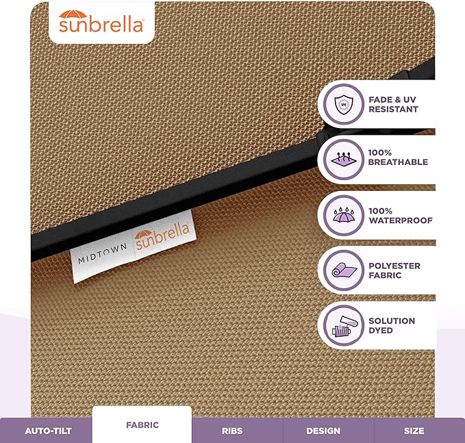 Midtown Umbrellas - The Lean 9 Ft Patio Umbrella with Fade-Resistant Sunbrella Fabric, Auto-Tilt Aluminum Frame and 8 Reinforced Ribs for Deck, Pool & Garden - Heather Tan Canopy, Black Pole